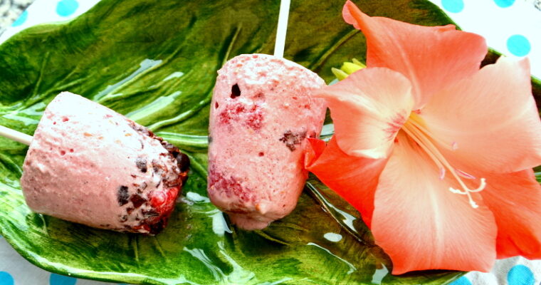 Yogurt al cocco e gelato al lampone con granella di cacao